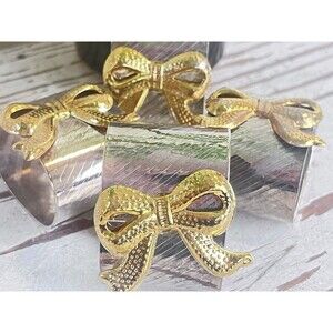 Vintage Oval Shaped Silver Plated Napkin Rings With Gold Bows Set Of 4 / Dining